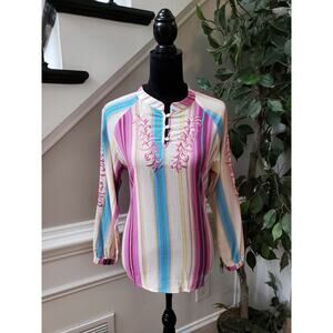 Reba Blouse Top Women S Multicolor Striped Cotton Embroidered Boho Festival